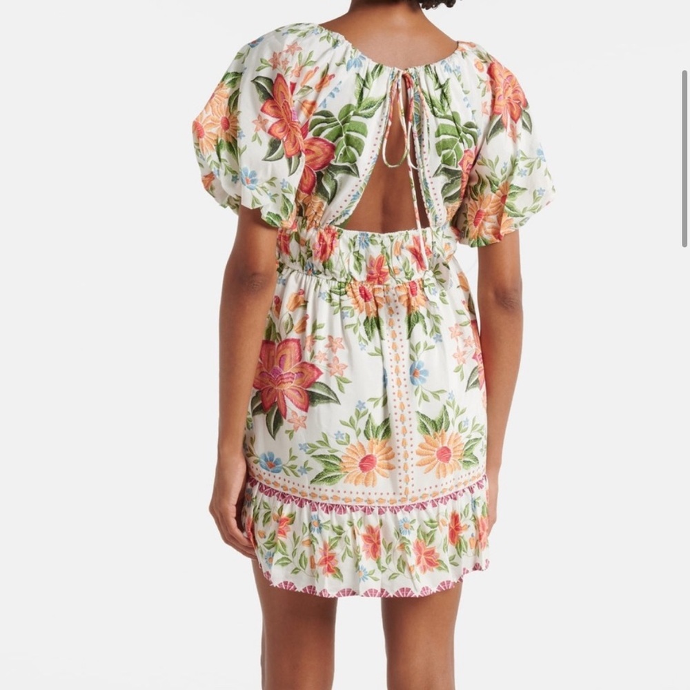 FARM Rio White Floral Puff-Sleeve Mini Dress with Pink & Green Accents - Picture 5 of 8
